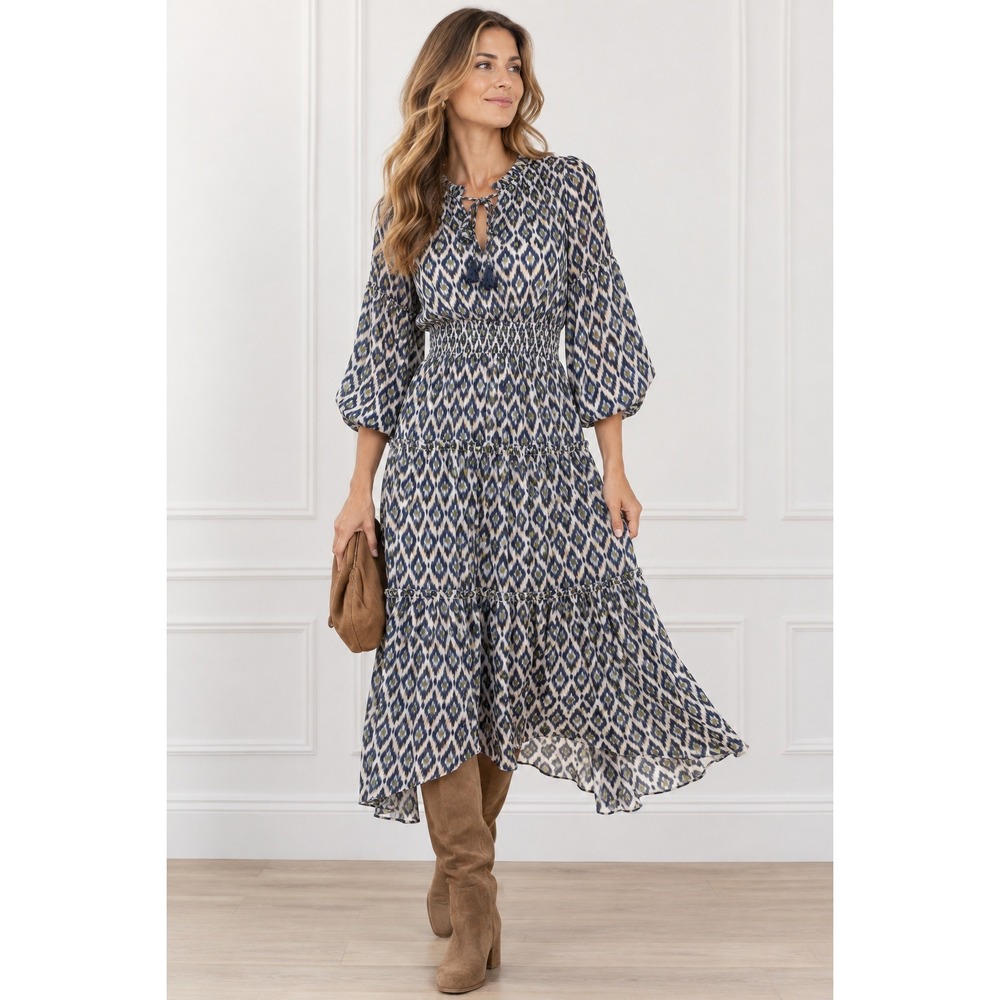 MISA Los Angeles Dress S Blue Ikat Metallic Lurex Smocked Midi Made USA
